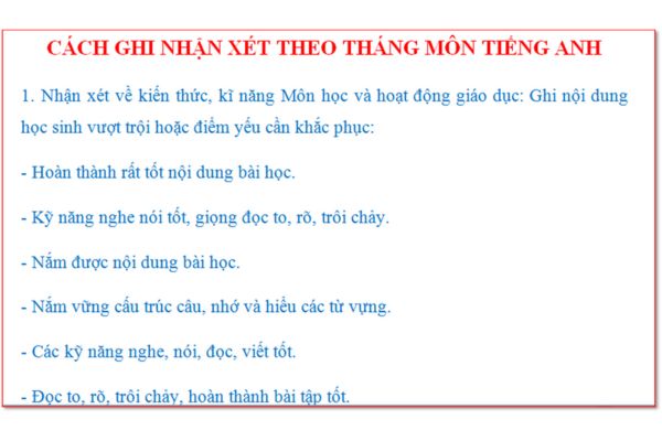 cách ghi nhận xét môn tiếng anh tiểu học